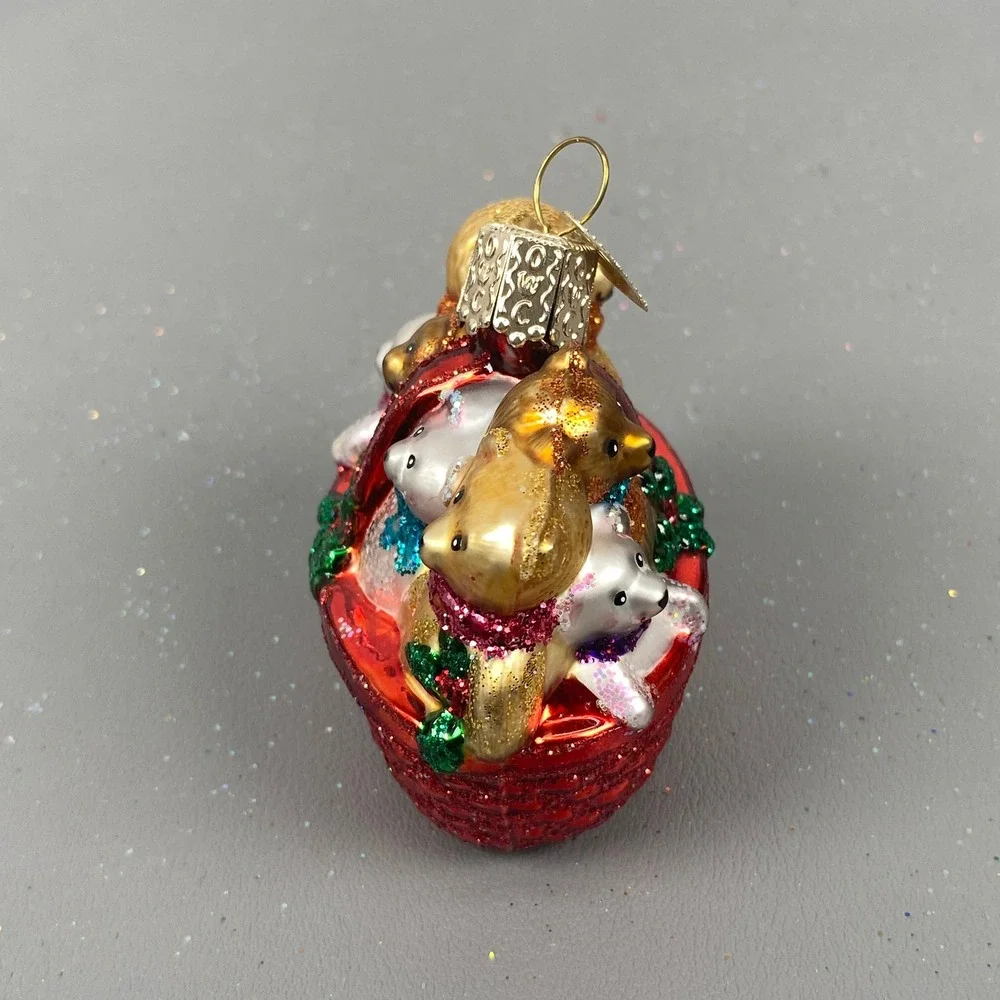 Old World Christmas Glass Ornaments Teddy Bear Basket & Pink Ice Cream Cone Set